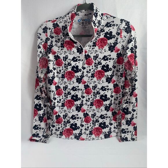 IBKÜL Floral UPF 50+ Long Sleeve Mesh Quarter Zip Top White Pink Black Small - Picture 2 of 6